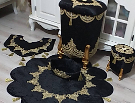Siyah Renkli Gold Detaylı Çamaşır Sepeti,Paspas Takımı