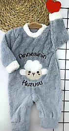 3-6-9-12 Ay Kuzu Tüylü Kumaş Annesinin Kuzusu Nakışlı Alttan Çıtçıtlı Kız Erkek Bebek Tulumu Gri