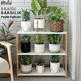 Melis 3 Katlı Ahşap Çiçeklik, Saksılık, Saksı Standı / Dekoratif Raf / Çok Amaçlı Kullanım ( Beyaz )