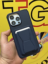 İphone 14 Pro Max Kartlıklı Standlı Deri Telefon Kılıfı Lacivert
