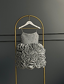 Kız Çocuk Gri Renk Çiçek Detaylı Elbise