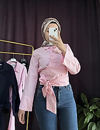 Pinterest bel bağlamalı gömlek pembe