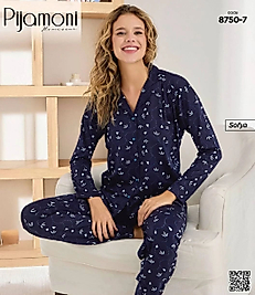 Lacivert Çiçek Desenli Düğmeli Pijama Takımı 8750-7