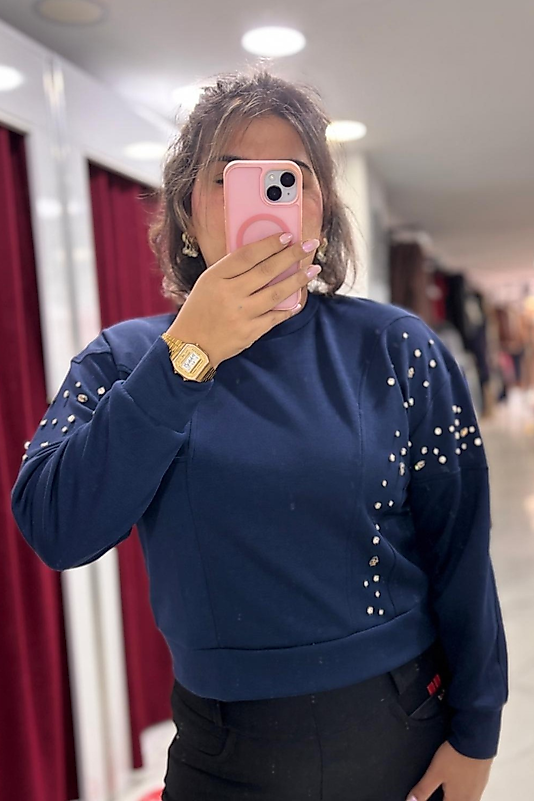 Lacivert Taş Detaylı Sweatshirt