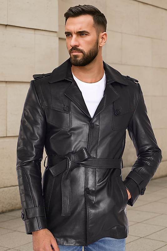 Valdes Hakiki Deri Erkek Siyah Kuşaklı Trençkot