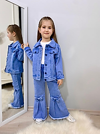 Kız Çocuk Fiyonklu Kot Pantolun Ve Kot Ceket Üçlü Kombin