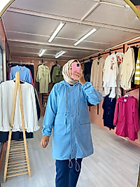 Önü Bantlı Cepli Ceket Mavi