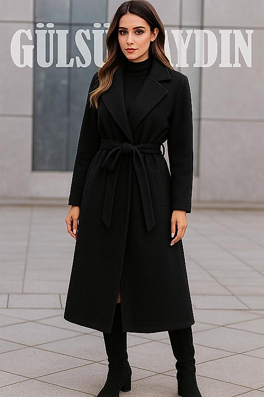 Belden Kuşaklı Siyah Kaşe Kaban – Şık ve Modern Kadın Kaban Modeli