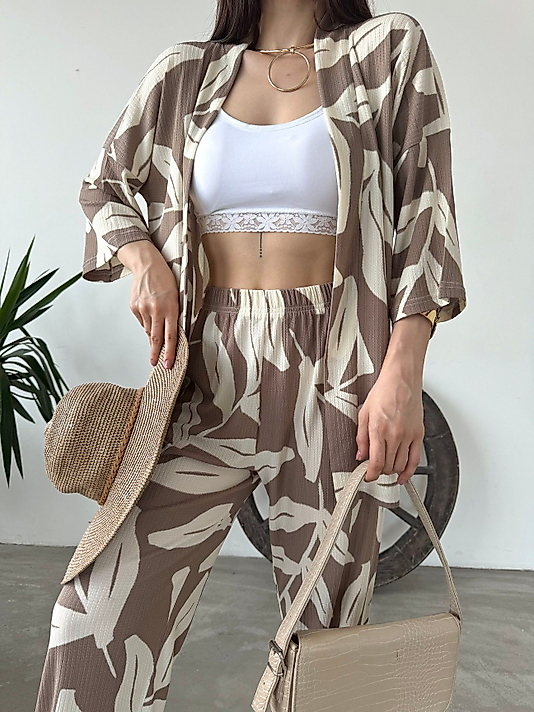 Desenli Kimono & Pantolon Ikili Takım - KAHVE