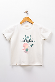Kız Çocuk Kısa Kollu Bisiklet Yaka "Ramazan" Baskılı Tişört Mevsimlik Pamuklu