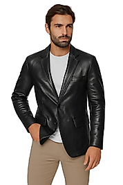 Diego Hakiki Deri Erkek Siyah Punto Dikişli Blazer Ceket