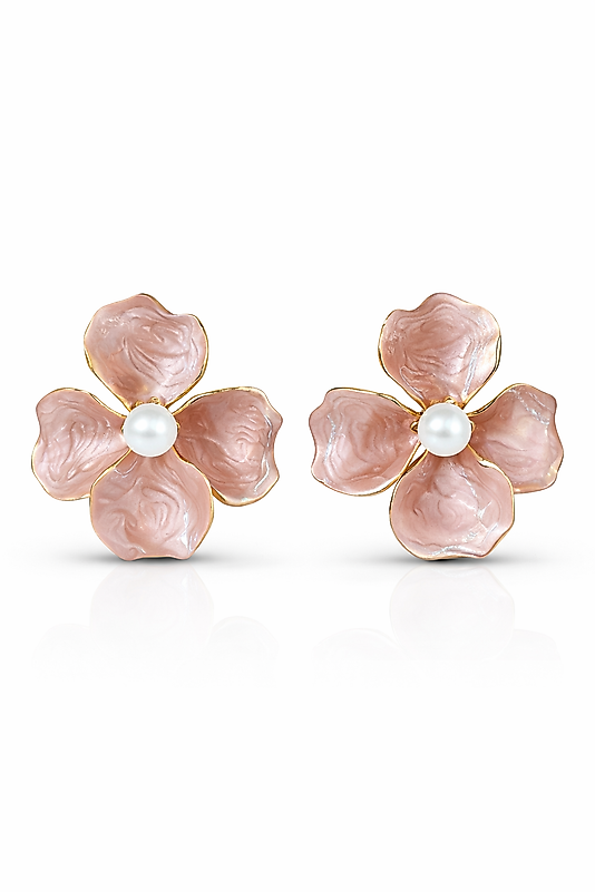 Pudra Çiçek Formlu İnci Detaylı Kadın Küpe