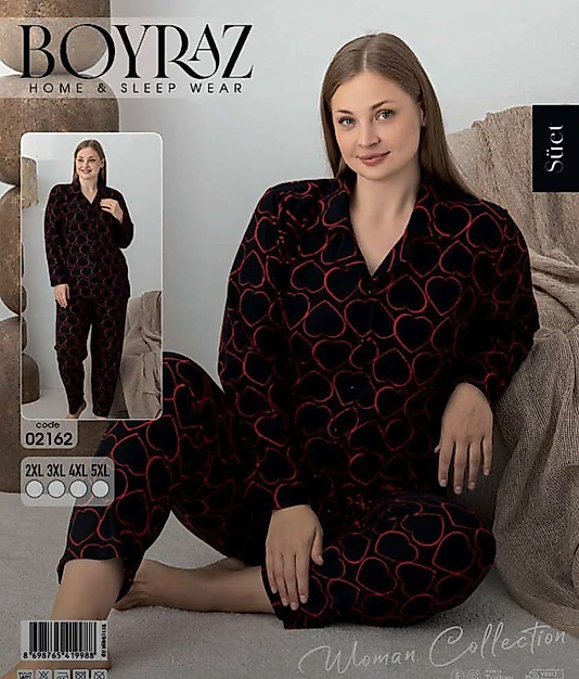BOYRAZ SÜET BATTAL DÜĞMELİ KALP DESEN PİJAMA TAKIMI