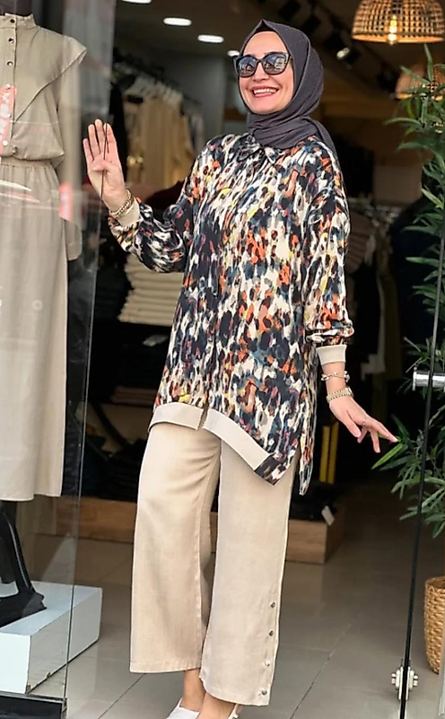 İpek Qupra Desenli Paça Zımba Detaylı Kadın Takım