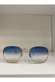 Unisex Beşgen Gold Çerçeve Mavi Cam Güneş Gözlüğü