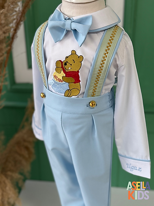 Erkek Çocuk Bebe Mavisi Salopet Takım - Winnie Nakışlı