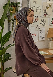 Lotus Desen Pamuk İpek Eşarp Kahve