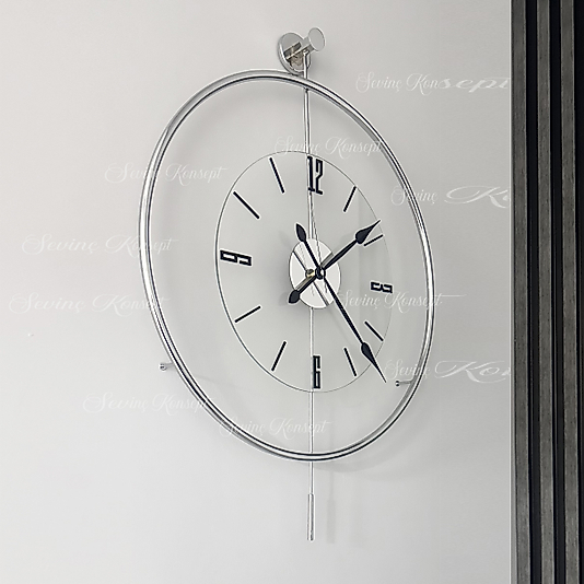 Luxe Şeffaf Nano Tiktok KROM Rengi (BÜYÜK BOY 50 x 75 CM) Modern Dekoratif Sarkaçlı Metal Duvar Saati