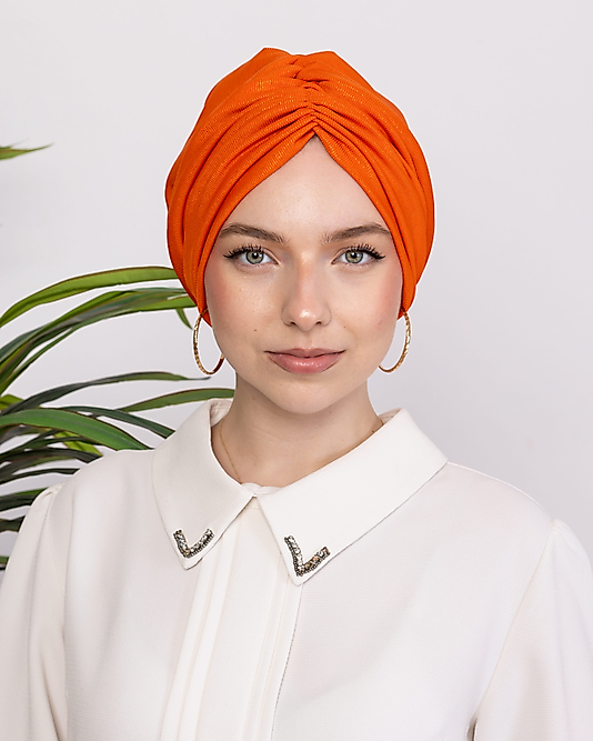 Drapeli Dolgulu İnce Simli Turuncu Bone