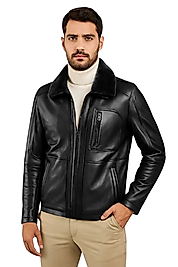 Carlos Hakiki  Deri Erkek Siyah Seyyar Kürk Yaka Mont