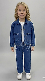 inci detaylı kot ceketli takım