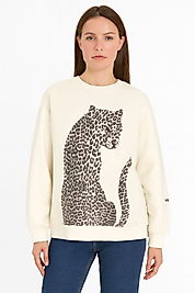 QUZU Leopar Figürlü Kolu Yazı Baskılı Sweatshirt Ekru