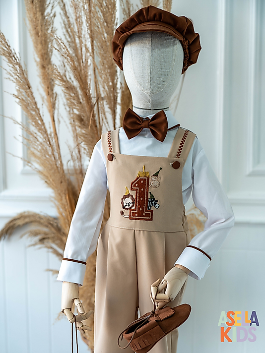 Erkek Çocuk Krem Salopet Tulum Takım - Safari 1 Nakışlı