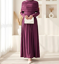 Mürdüm Pile Detaylı Uzun Kollu Sandy Kumaş Boydan Elbise