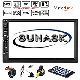 Sunask Usb/Bt/Mirrorlink 7 inc Double Teyp Bluetothlu Double Üniversal Multimedya+PARK KAMERA HEDİYE