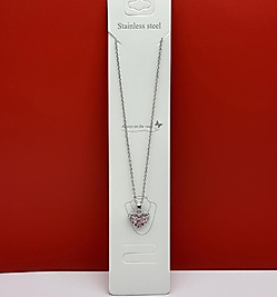 Pembe taşlı incili kalp figürlü çelik kolye silver