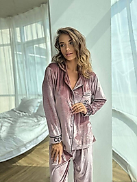 Pudra Nakışlı İnci Kadife Pijama Takım