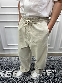 Keten Baggy Jogger Pantolon - Krem