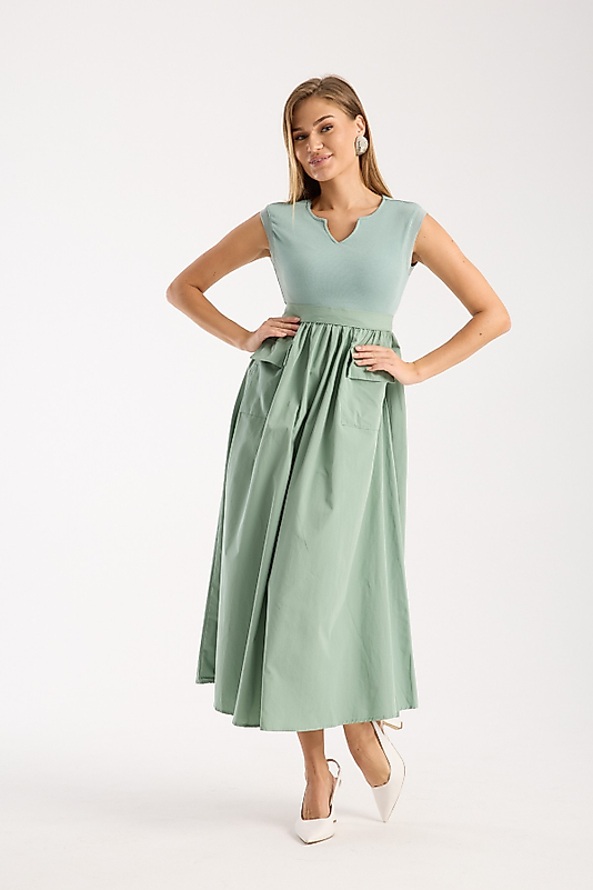 TRİKOLU ELBİSE SU YEŞİLİ