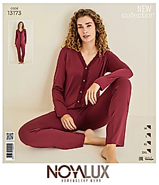 Bordo Dantel Detaylı V Yaka Kadın Düğmeli Pijama Takımı -Noya 13173