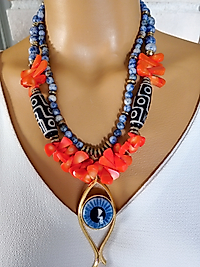 MERCAN - TİBET AKİĞİ -SODALİT VE SERAMİK GÖZ DOĞALTAŞ KOLYE