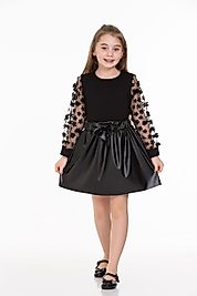 Çicek Desenli Siyah Renk Tüllü Deri Etek Takım