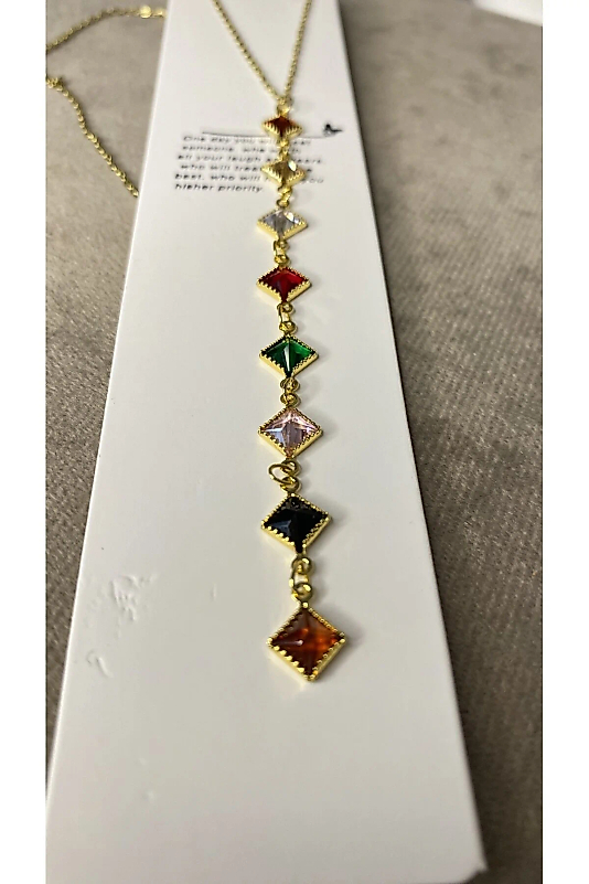Y kolye çift taraflı çelik gold RENKLİ ZİRKON TAŞLI