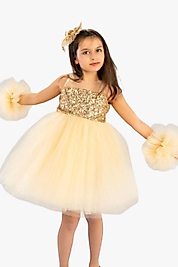 Gold Payetli Kız Çocuk Abiye Elbise – Krem Tütü (6-9 Yaş)