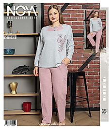 Gri-Pembe Uzun Kollu Yün Viskon Pijama Takımınoya 21212