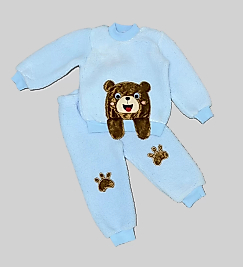 1-2-3 Yaş Sallanan El Ayıcıklı Kuzu Kumaş Sweat Patili Pantolon Uzun Kollu Kız Erkek 2 Li Takımı Mavi