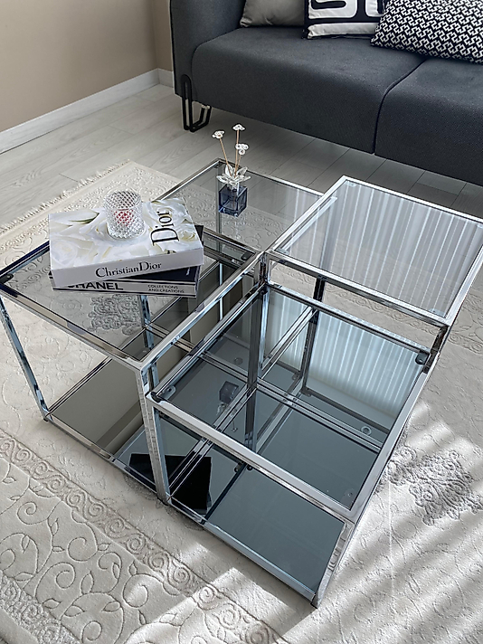 PARLAK KROM PRAMİD ORTA SEHPA ÜST FÜME CAM ALT FÜME AYNA