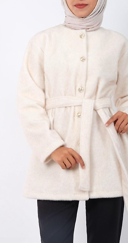 Dügmeli Beli Baglamali Kürklü Ceket Ekru Renk