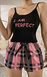 Kadın Siyah Kare Desenli Askılı Şortlu Pijama Takım 5012