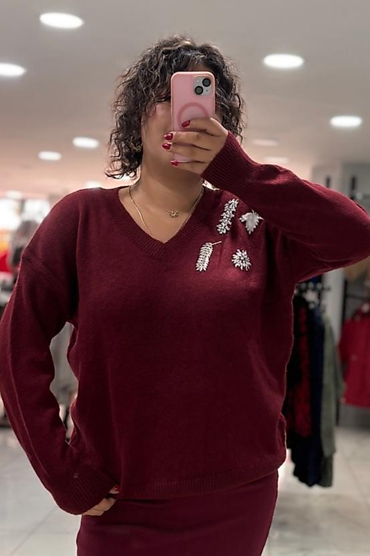 Kırmızı V Yaka Taş Detaylı Triko Kazak