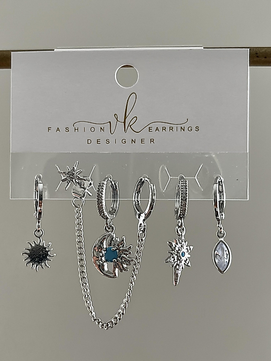 Silver 6’lı Mavi Ay-Güneş Küpe( ÇELİK DEĞİLDİR)