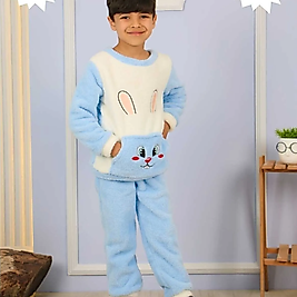 Pamuklu Peluş Sevimli Tavşan Nakışlı Mavi Çocuk Alt Üst Takım
