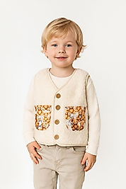 Ayıcık Desenli Peluş Çocuk Yelek Çift Cepli Düğmeli 9 Ay-5 Yaş