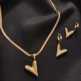 Kalp Figürlü Gold Çelik 2'li Set
