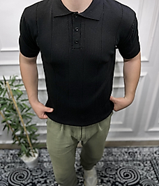 Düğmeli Polo Yaka Triko - Siyah