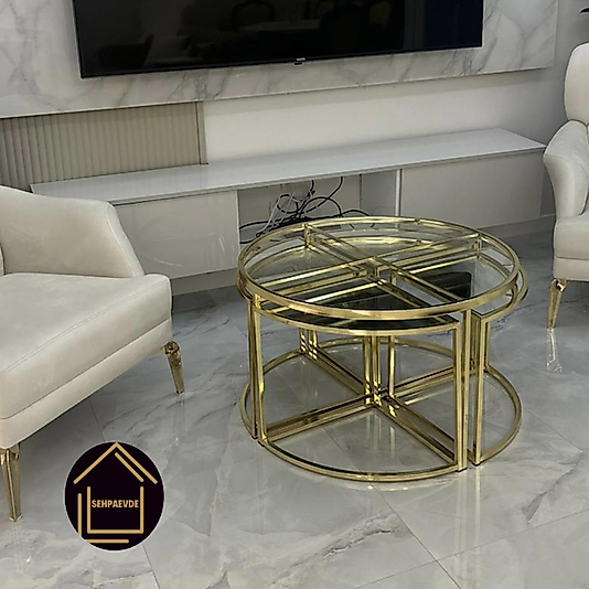 PARLAK GOLD YUVARLAK 4+1 ÜST ŞEFAF CAM ALT KLASİK AYNA